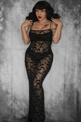 Sheer Hourglass Maxi Dress - Velvet Flocked Bats