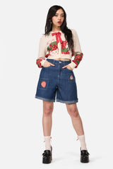 Strawberry Cat Embroidered Shorts