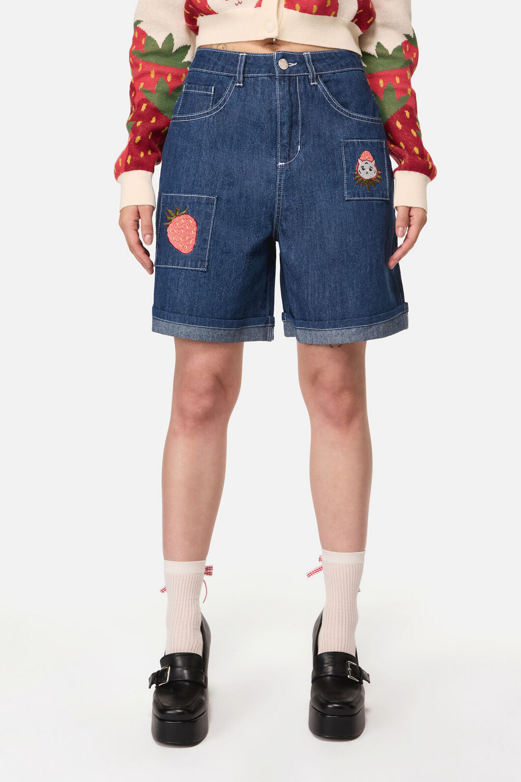 Strawberry Cat Embroidered Shorts