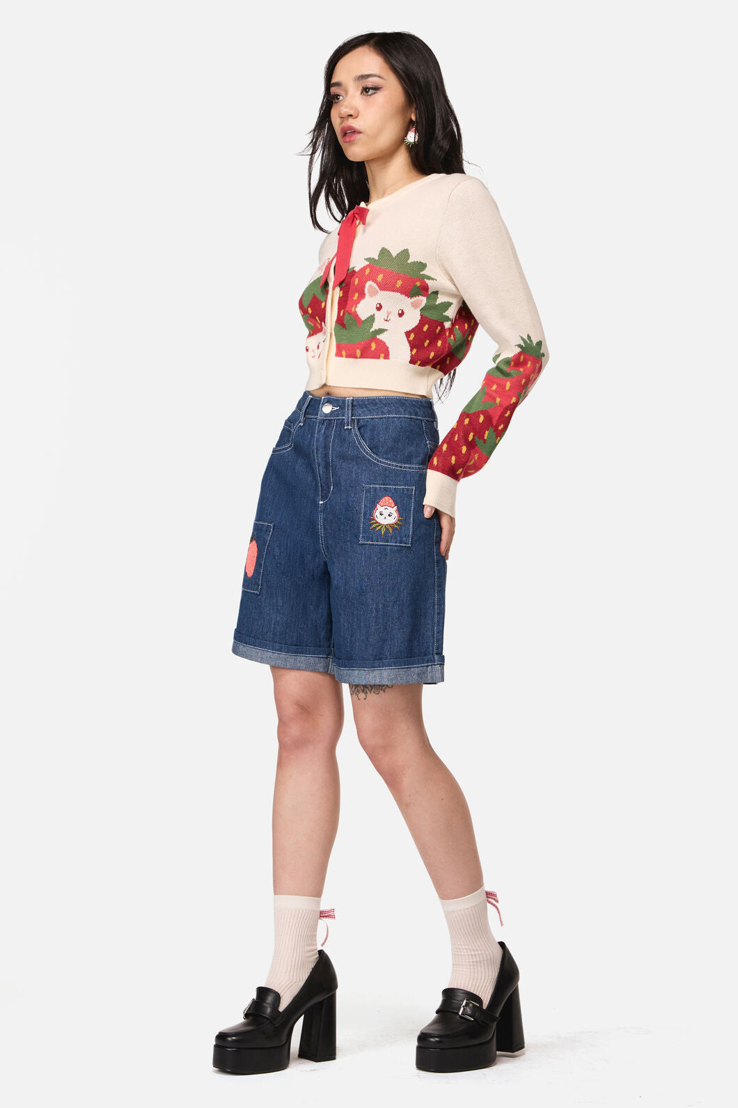 Strawberry Cat Embroidered Shorts