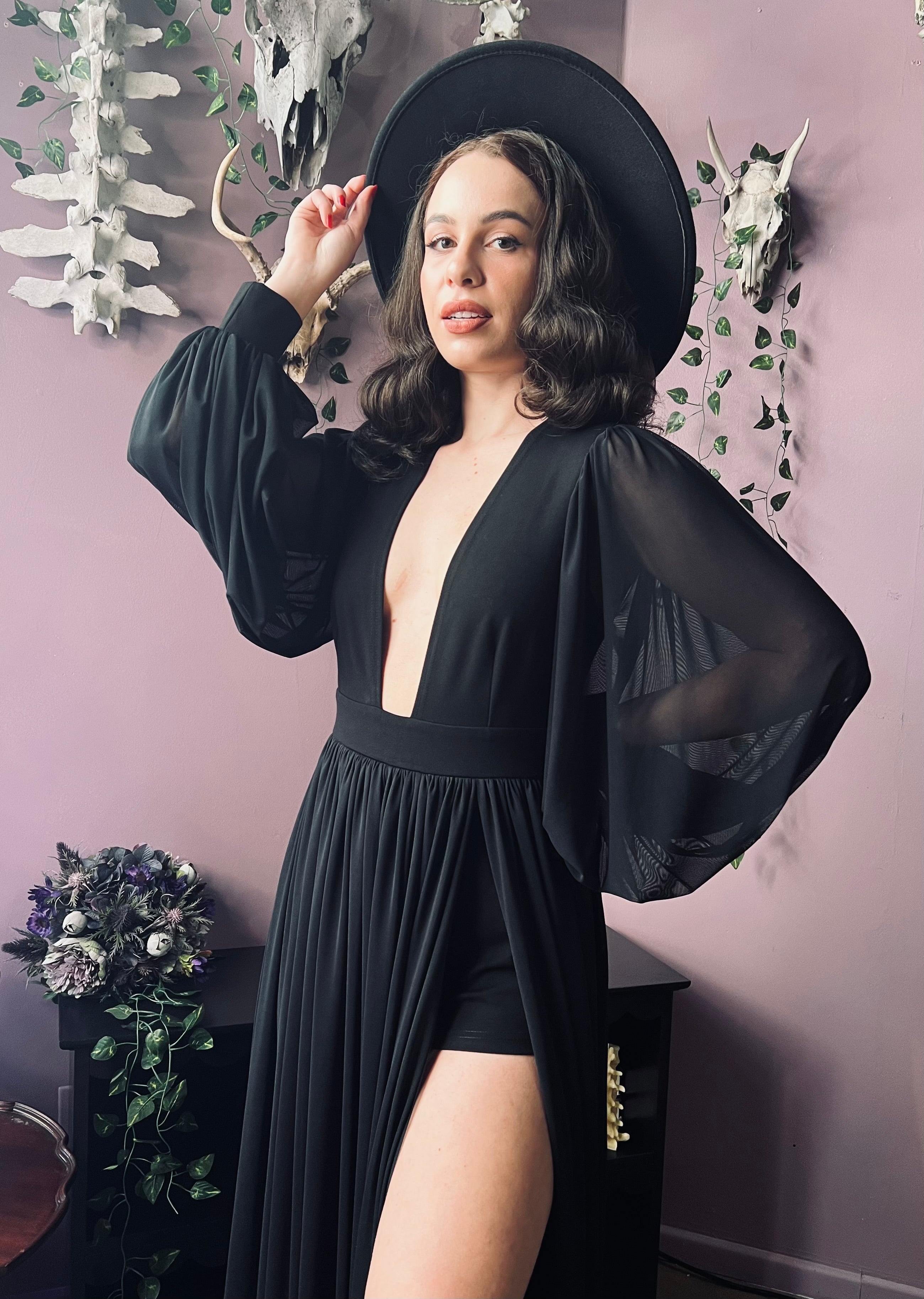 Minerva - Hauntingly Dramatic Mesh Maxi Dress with Built In Shorts