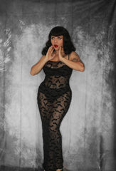 Sheer Hourglass Maxi Dress - Velvet Flocked Bats