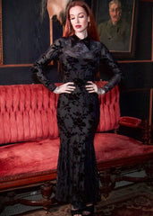 Ophelia - Velvet Flocked Lace Up Maxi Mermaid Dress