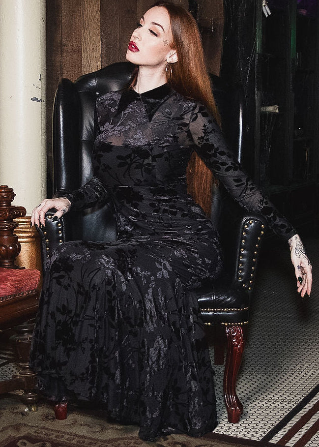 Ophelia - Velvet Flocked Lace Up Maxi Mermaid Dress