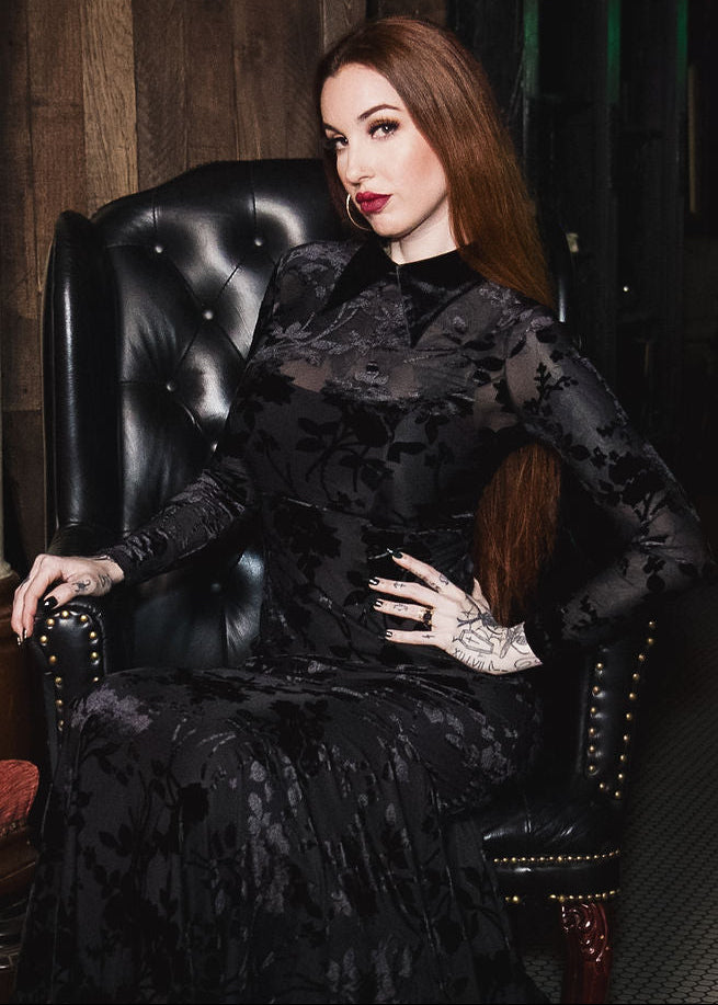 Ophelia - Velvet Flocked Lace Up Maxi Mermaid Dress