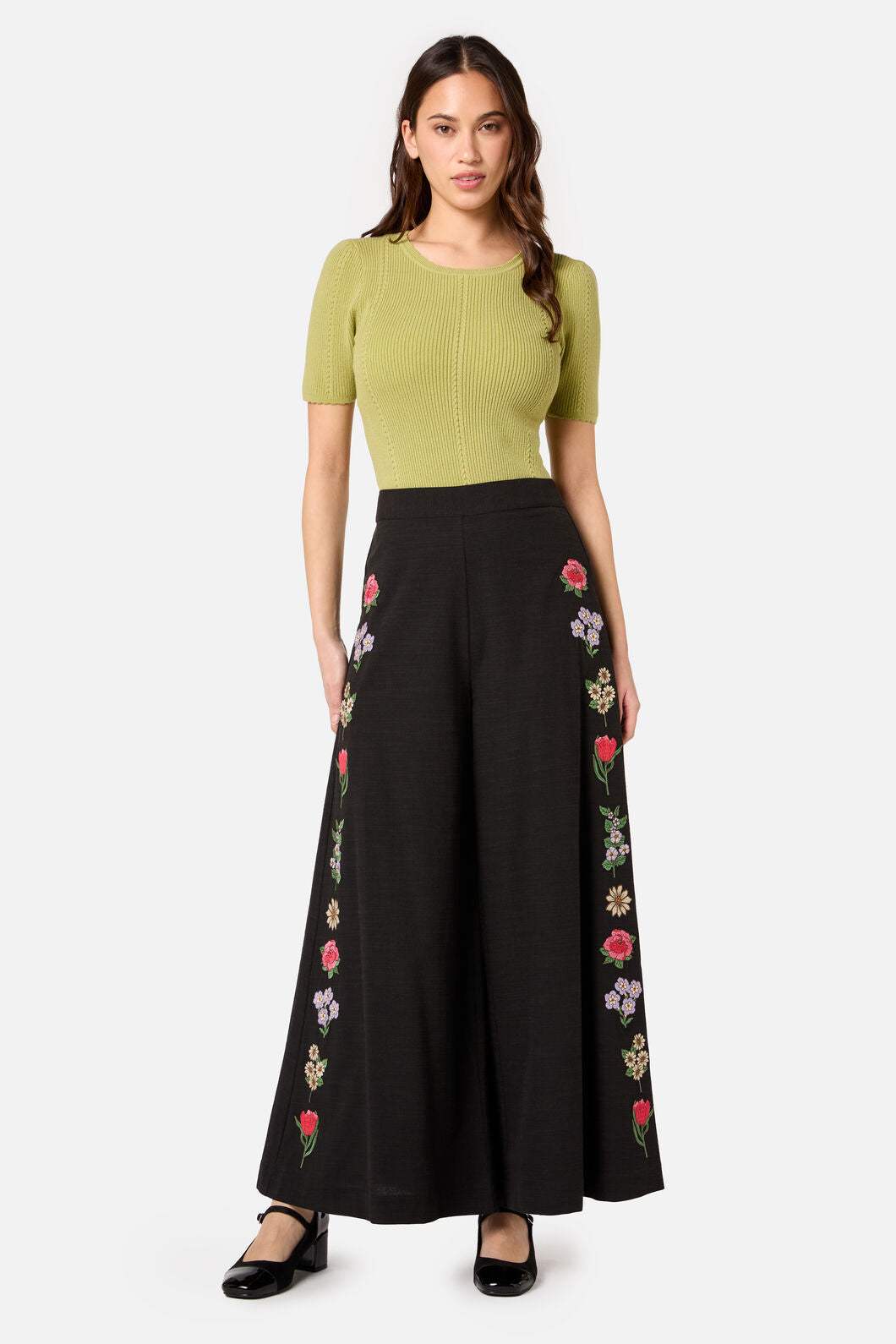 Fleur Embroidered Flowy Wide Leg Pant