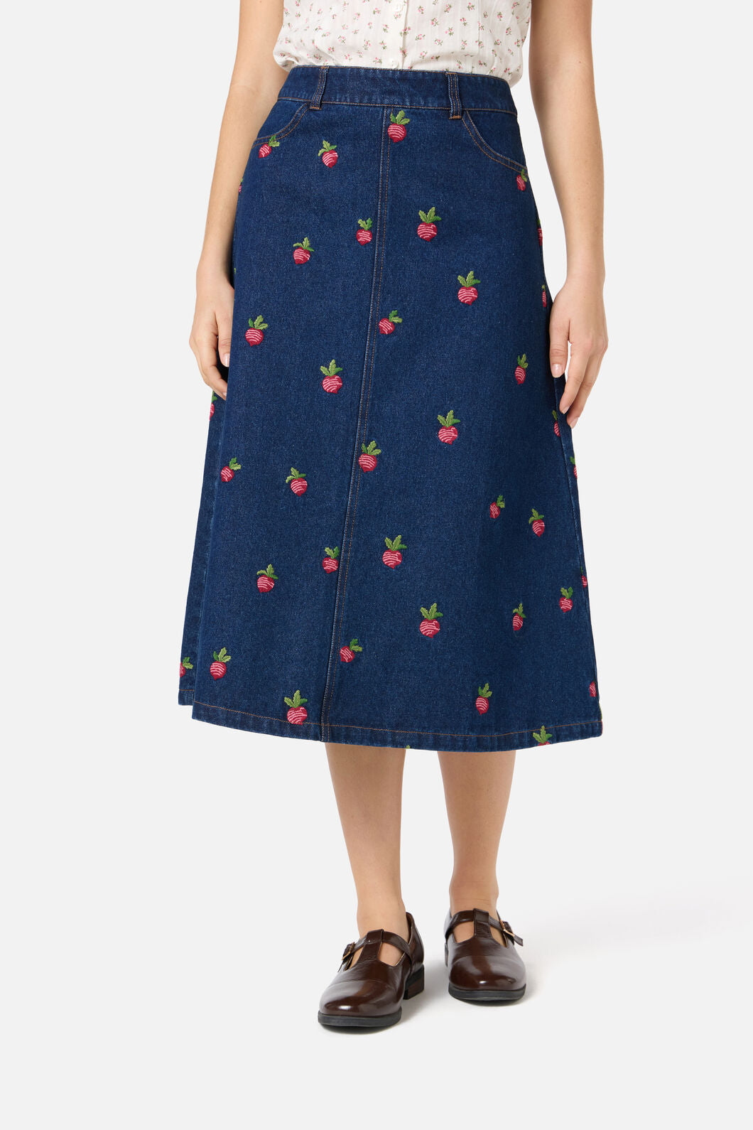 Radish Embroidered Denim Skirt