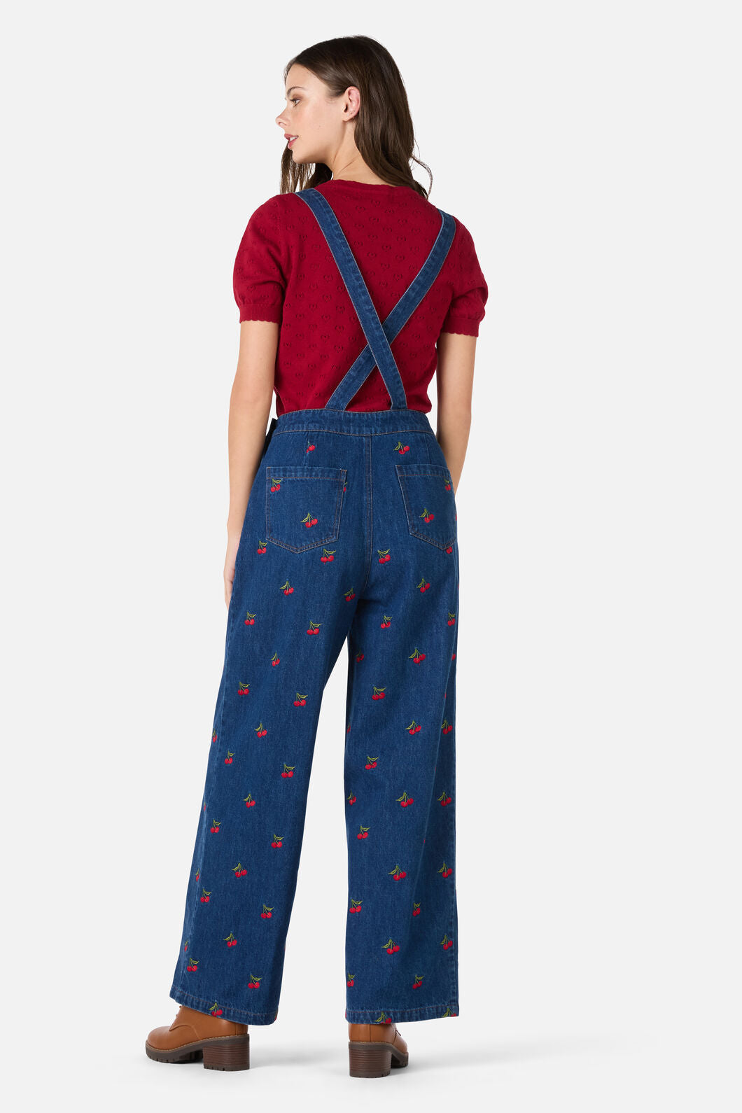 Cherry Embroidered Denim Overalls