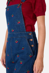 Cherry Embroidered Denim Overalls