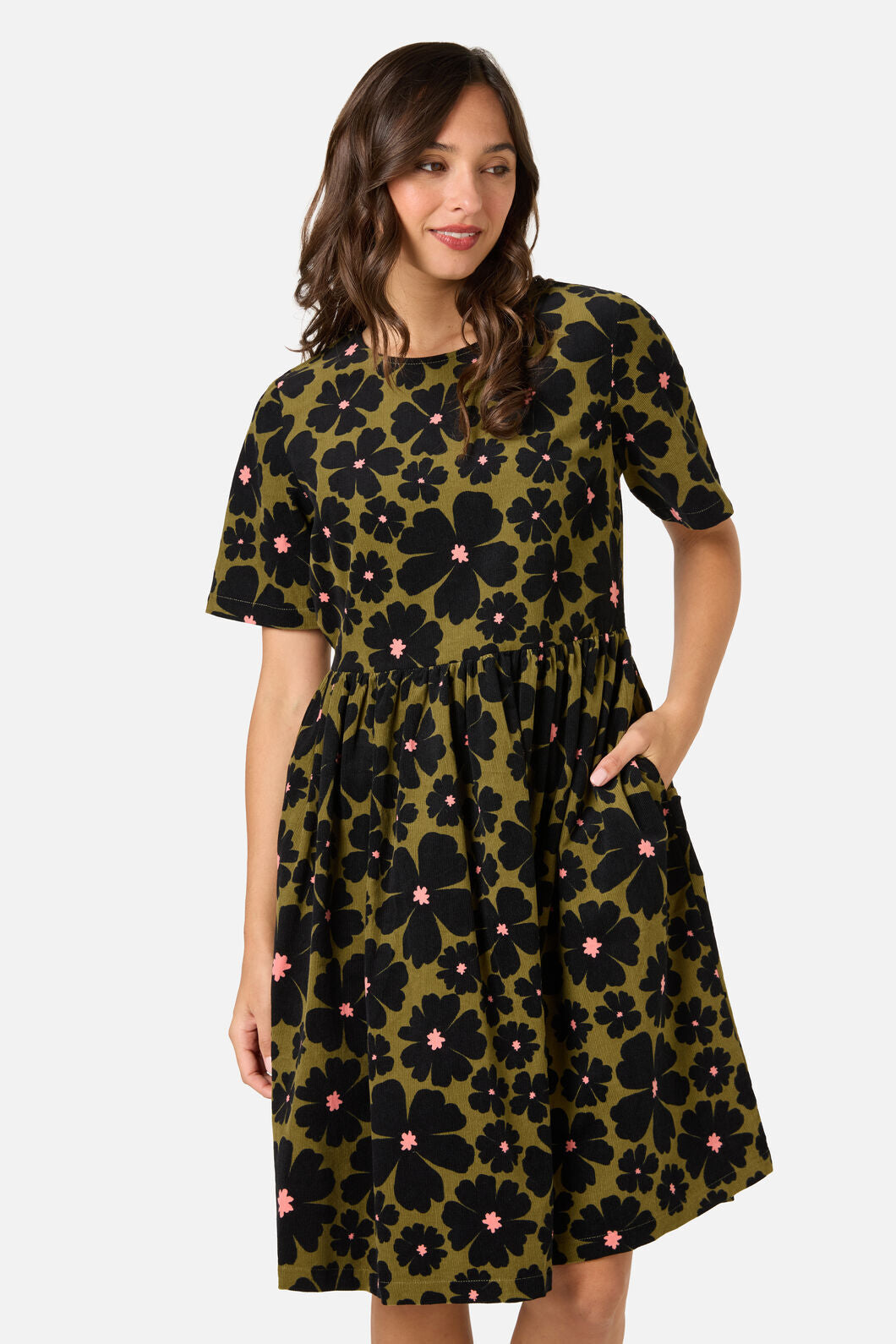 Donna Flower Corduroy Smock Dress