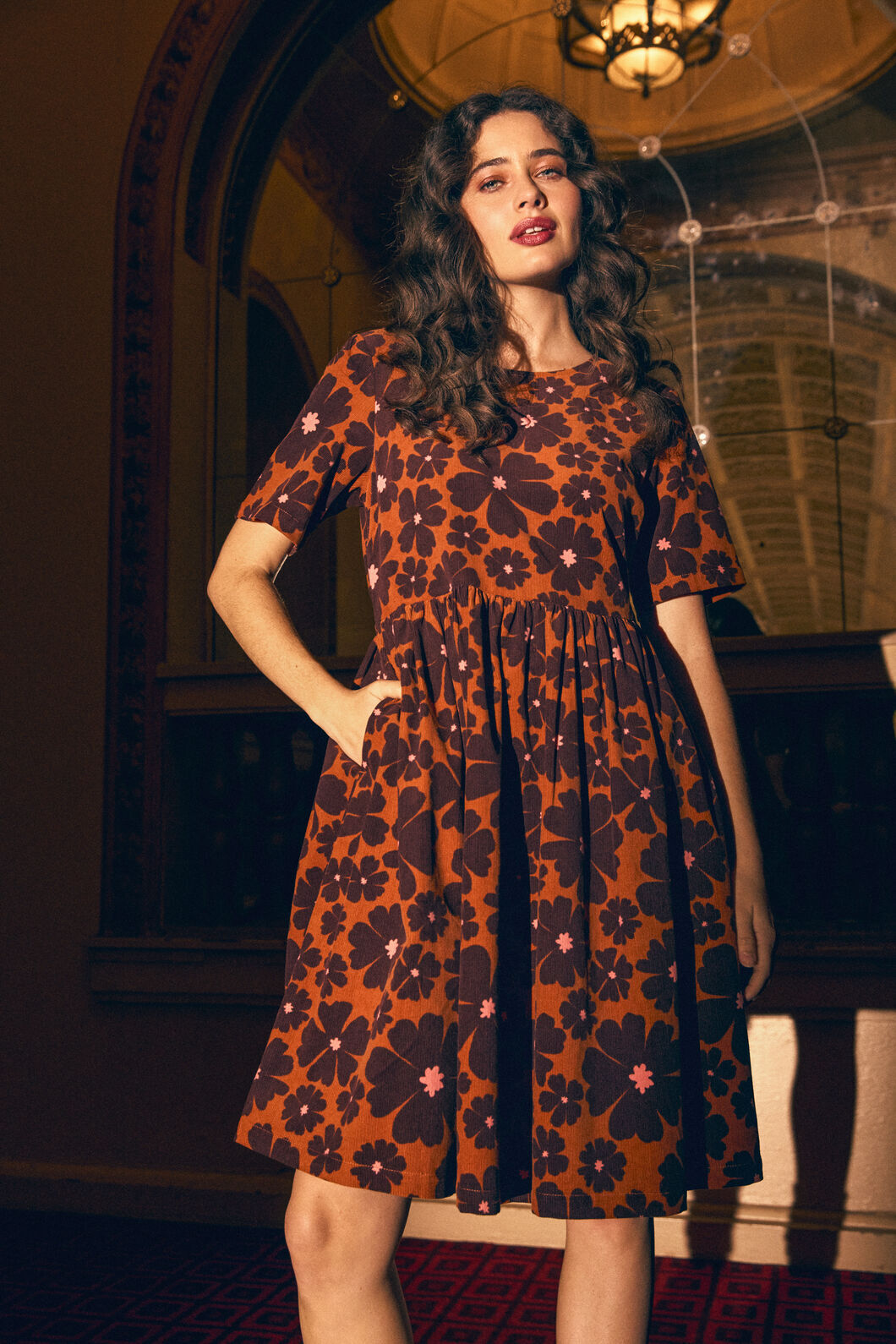 Donna Flower Corduroy Smock Dress