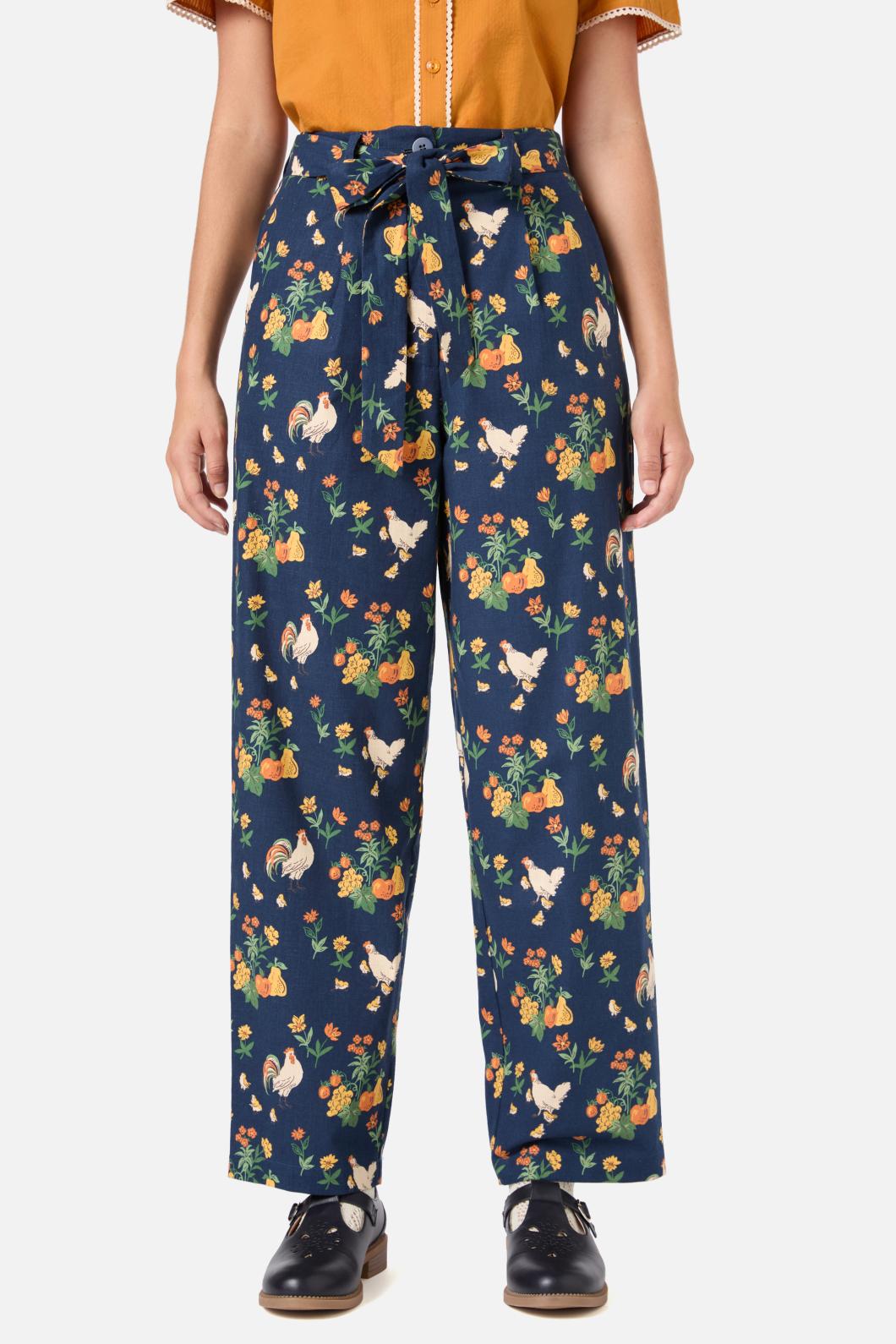 Chickens Print Tapered Cotton Pants