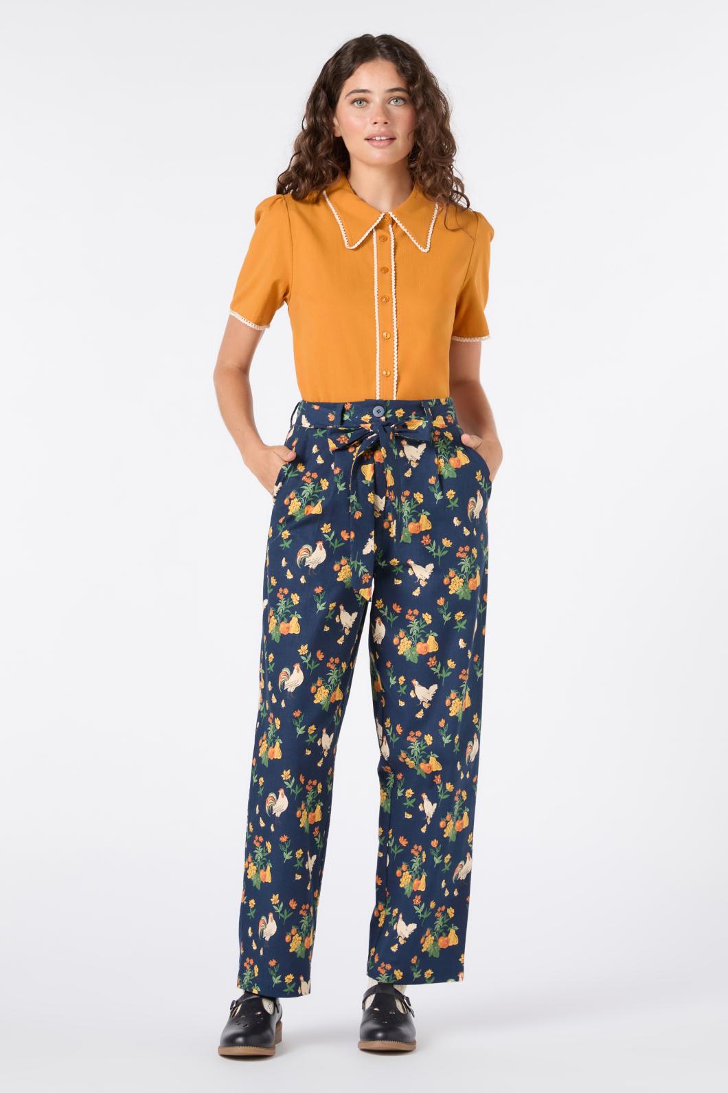 Chickens Print Tapered Cotton Pants